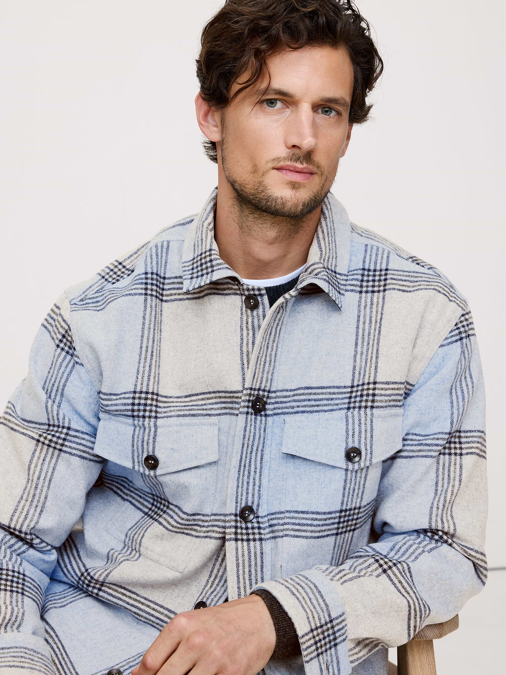 Relaxed-Fit Plaid Wool-Blend Overshirt - Light Blue Plaid