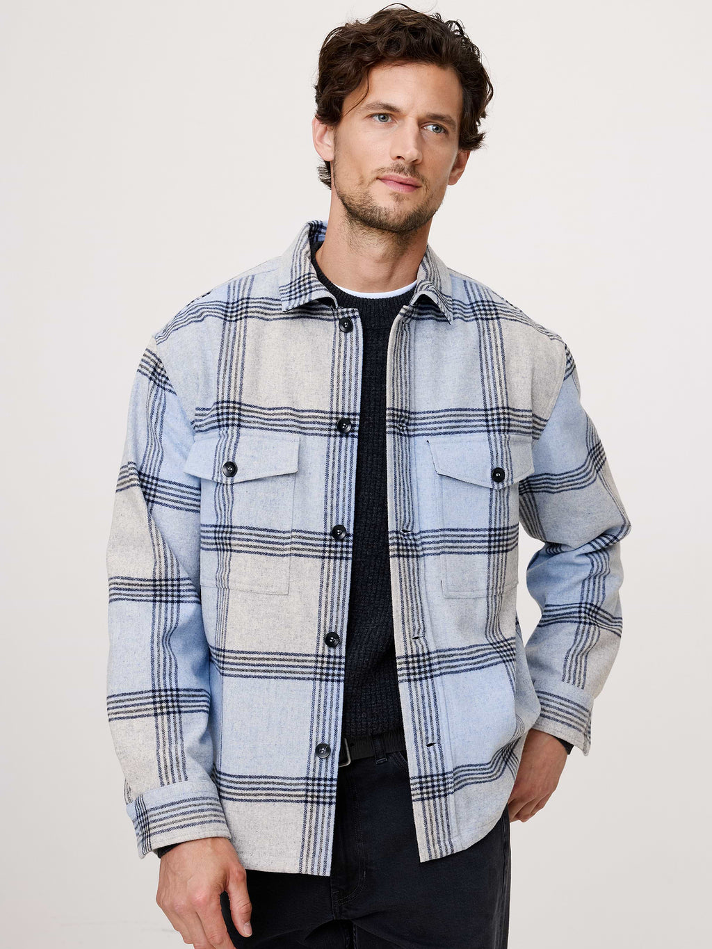 Relaxed-Fit Plaid Wool-Blend Overshirt - Light Blue Plaid