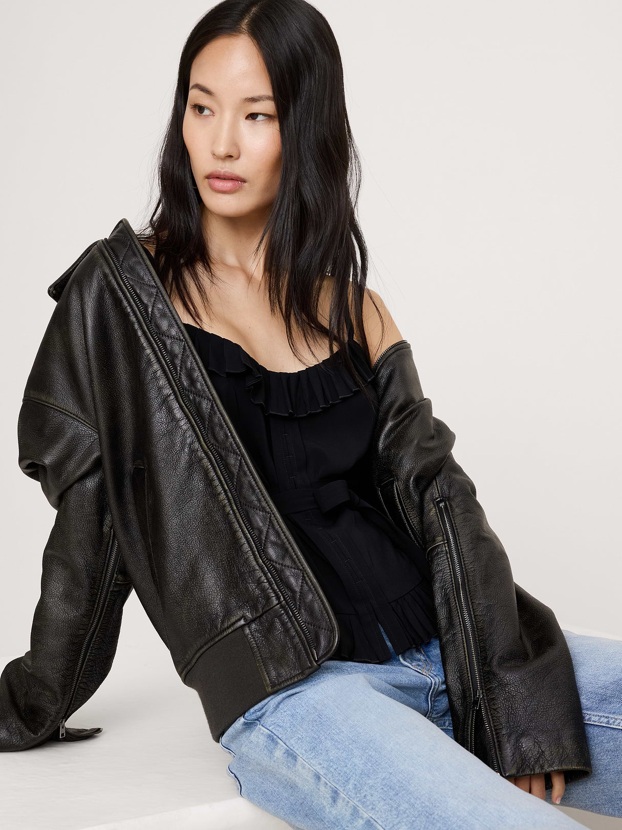 Georgette Ruffle Tank - Black