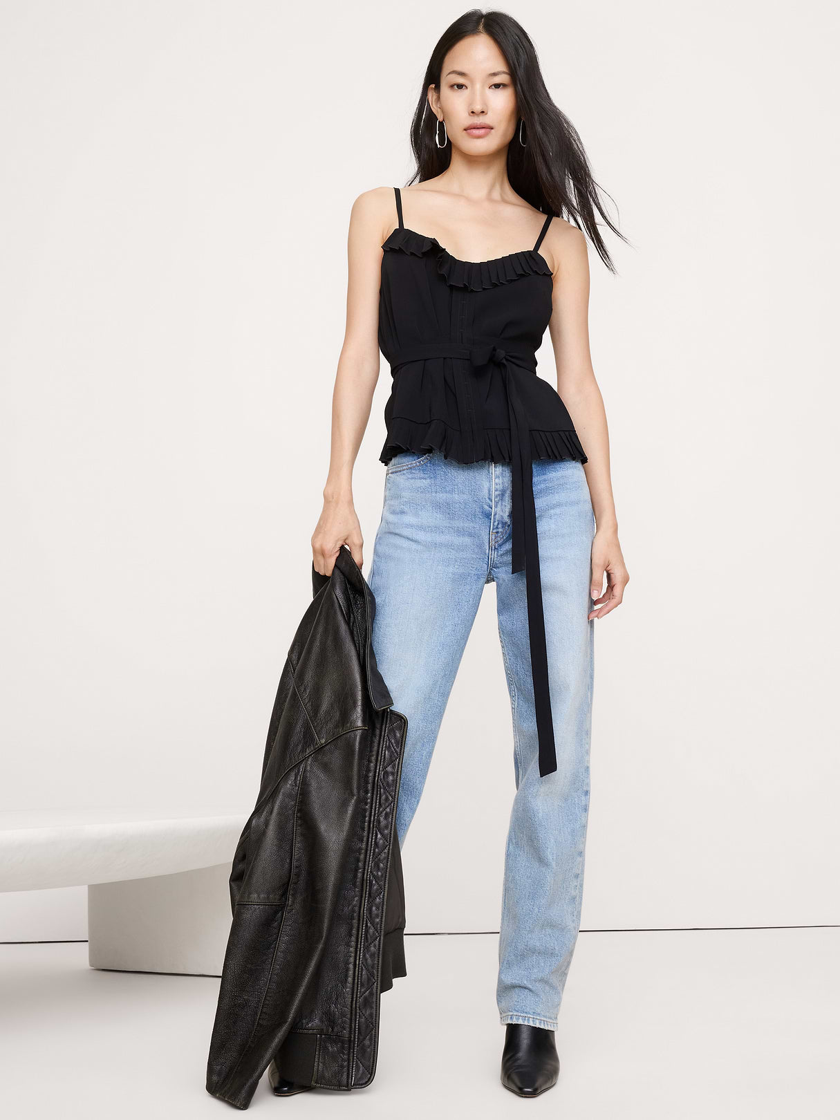 Georgette Ruffle Tank - Black