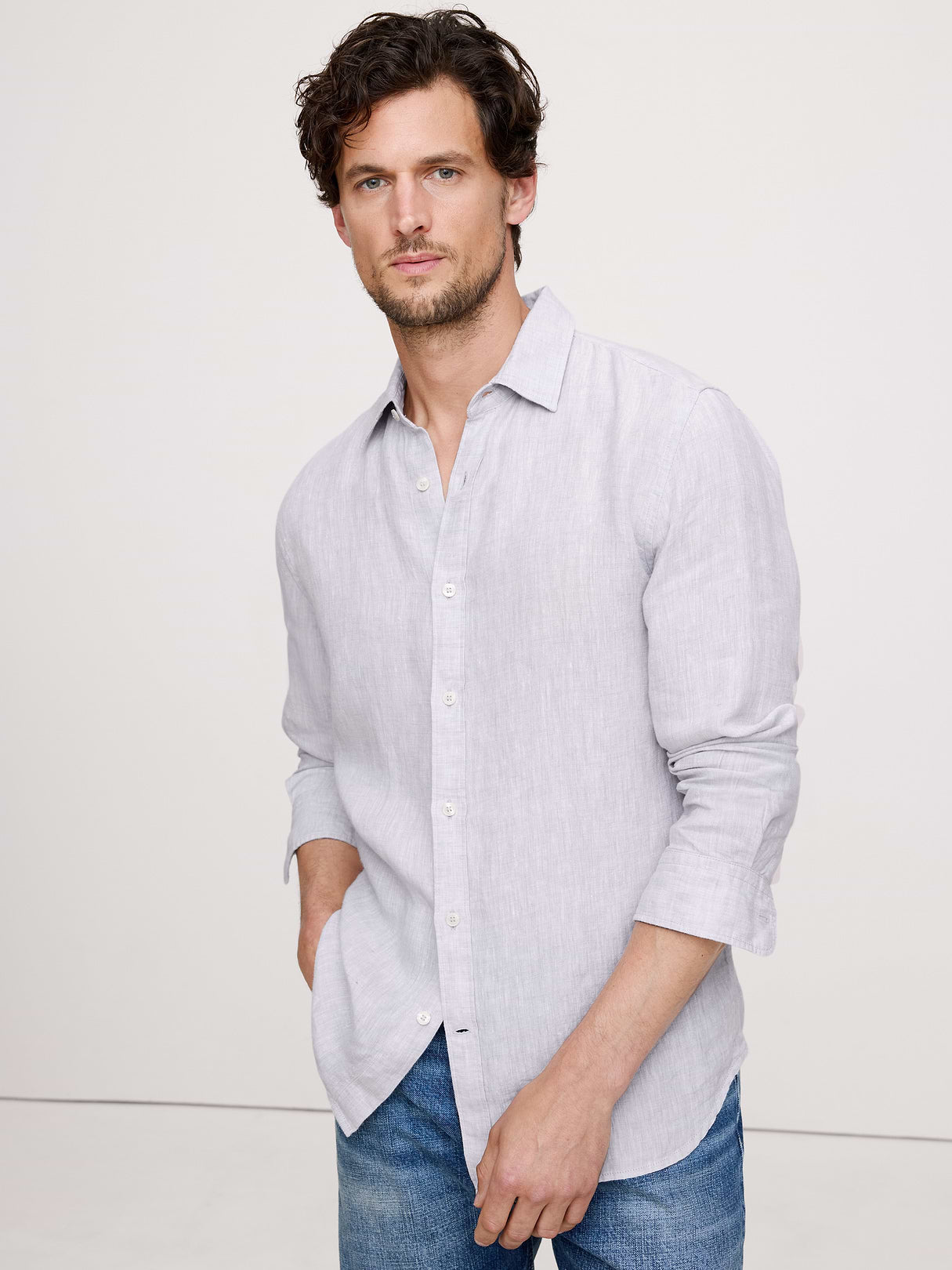 Slim-Fit Linen Shirt - Light Gray