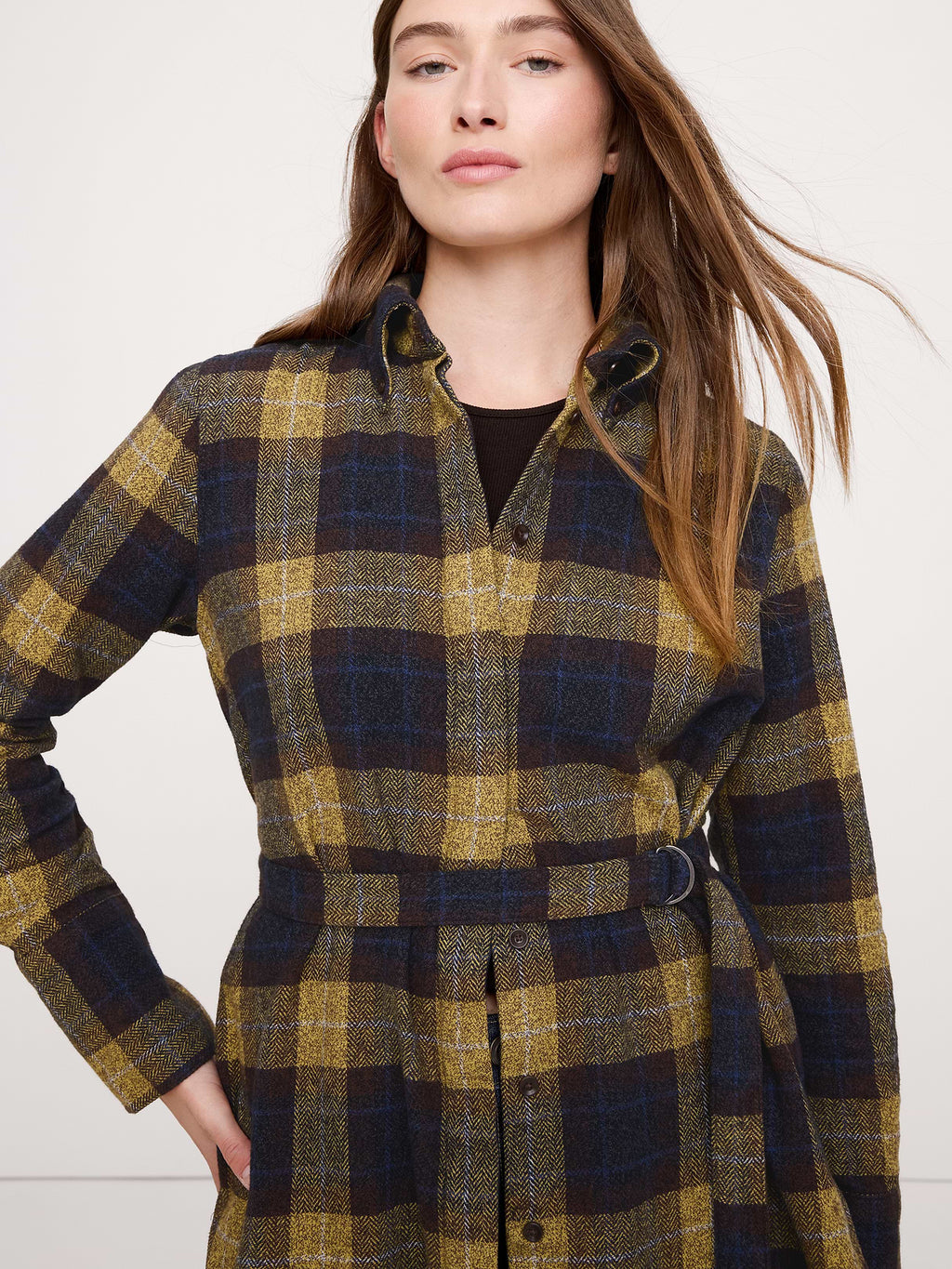 Flannel Belted Tunic Shirt - Blue Plaid