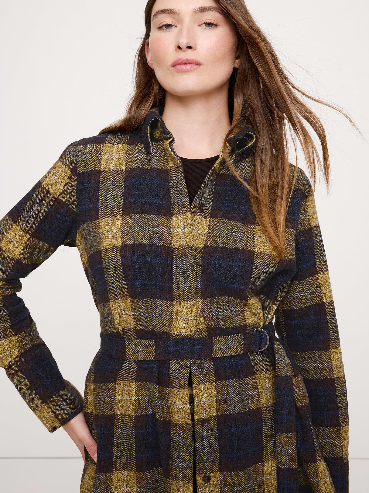 Flannel Belted Tunic Shirt - Blue Plaid