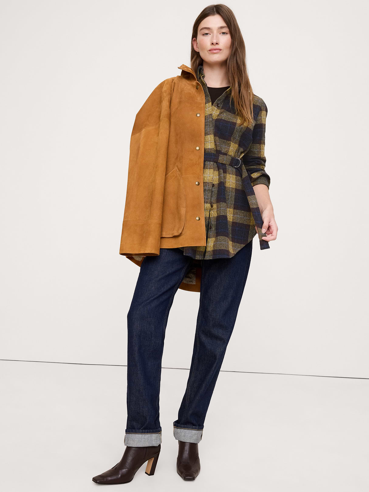 Flannel Belted Tunic Shirt - Blue Plaid