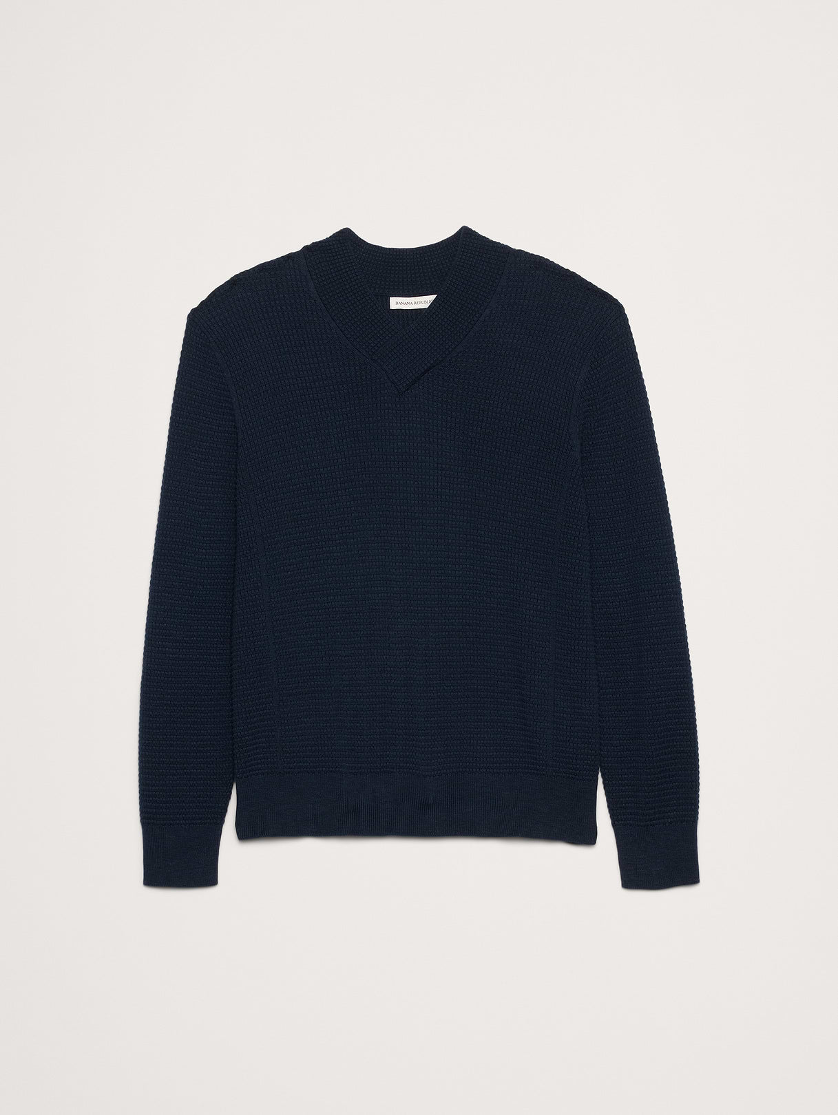 Cotton Thermal-Knit V-Neck Sweater - Navy Blue