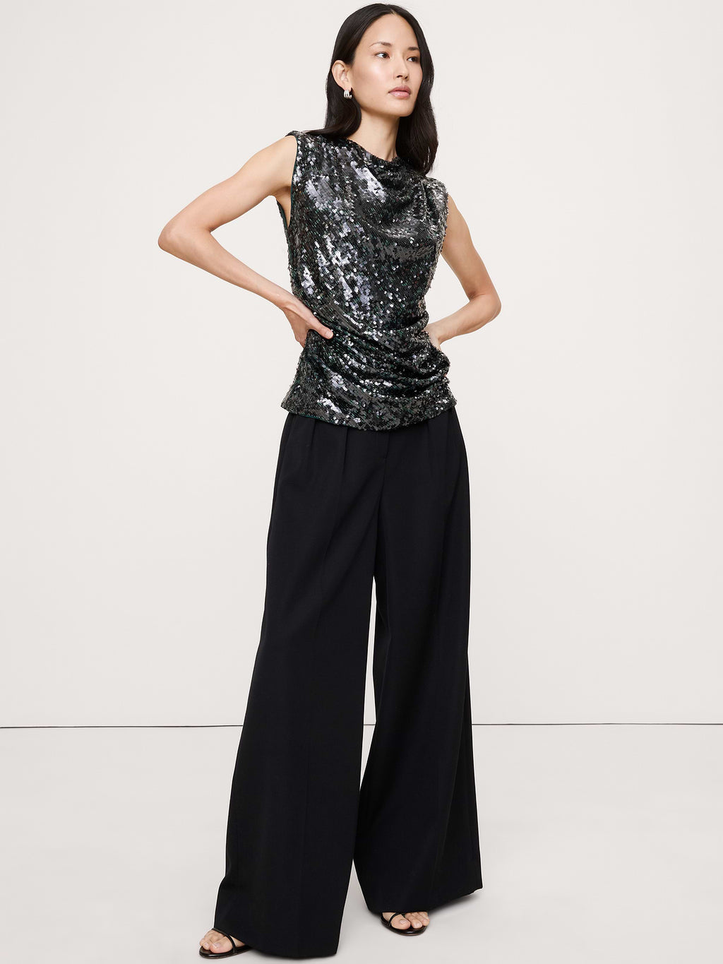 Bias-Cut Draped Sequin Top - Forest Green