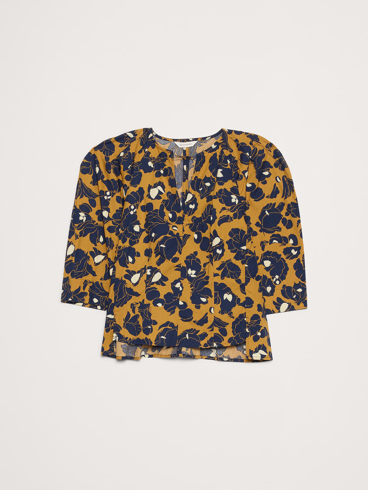 Stretch-Cotton Volume-Sleeve Top - Navy Blue Floral