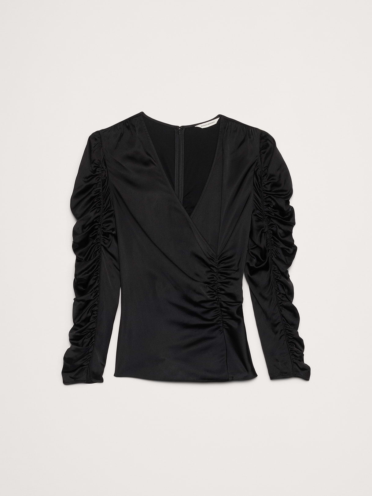 Stretch-Satin Ruched Top - Black