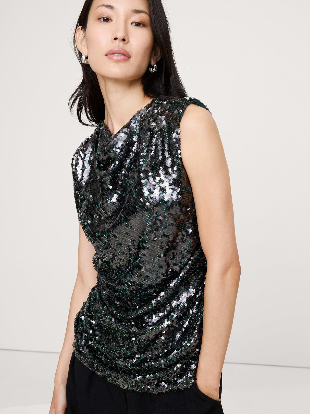 Bias-Cut Draped Sequin Top - Forest Green