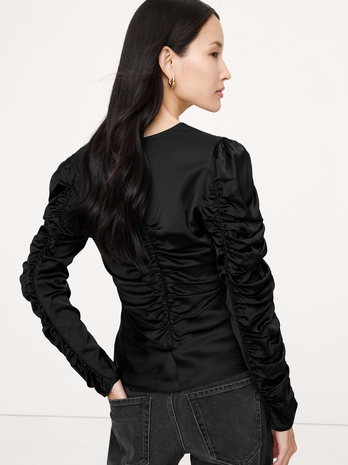 Stretch-Satin Ruched Top - Black