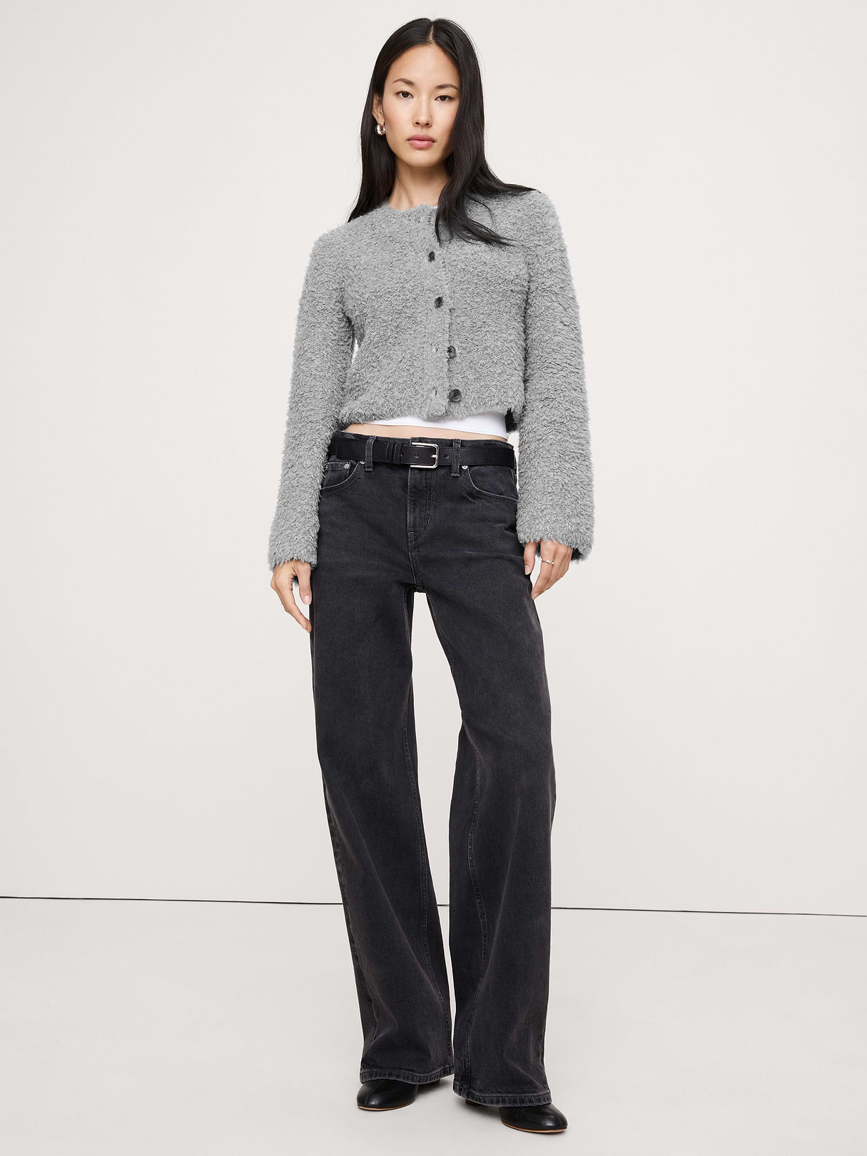 Curly Merino-Blend Cardigan - Charcoal Gray