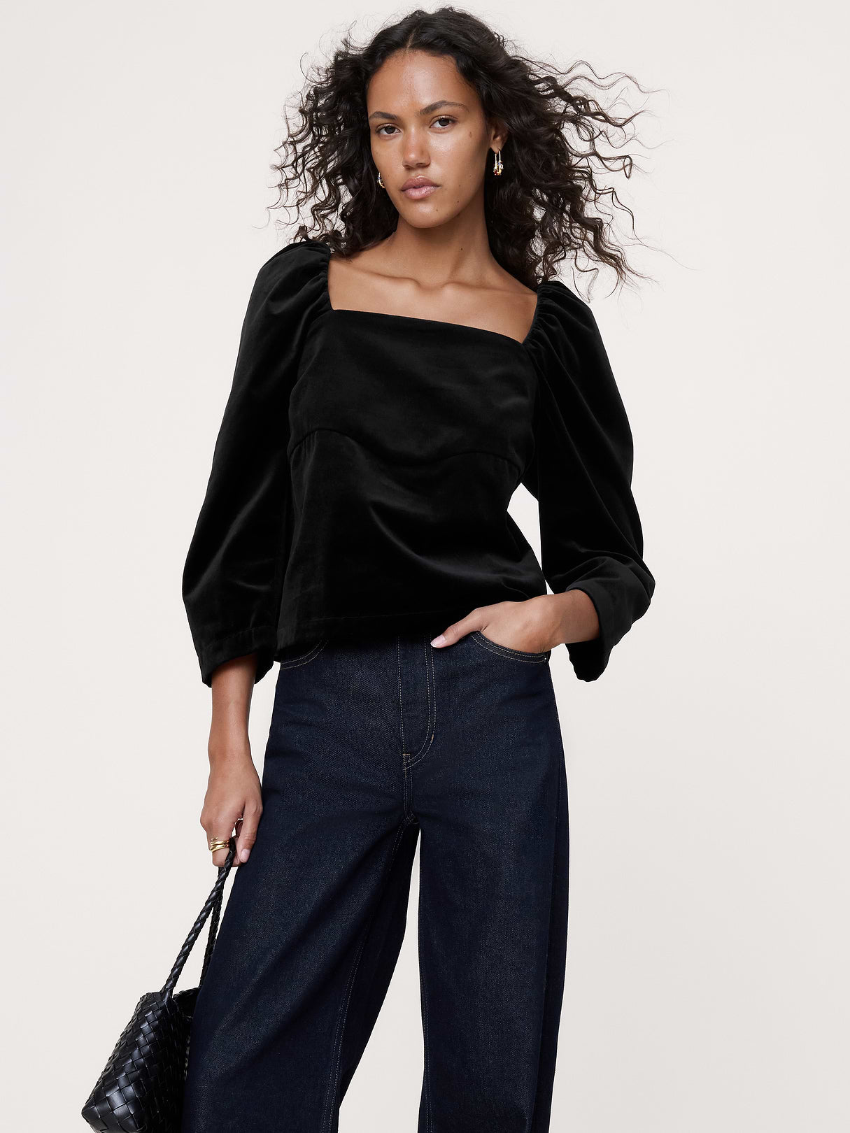 Cotton Velvet Puff-Sleeve Top - Black
