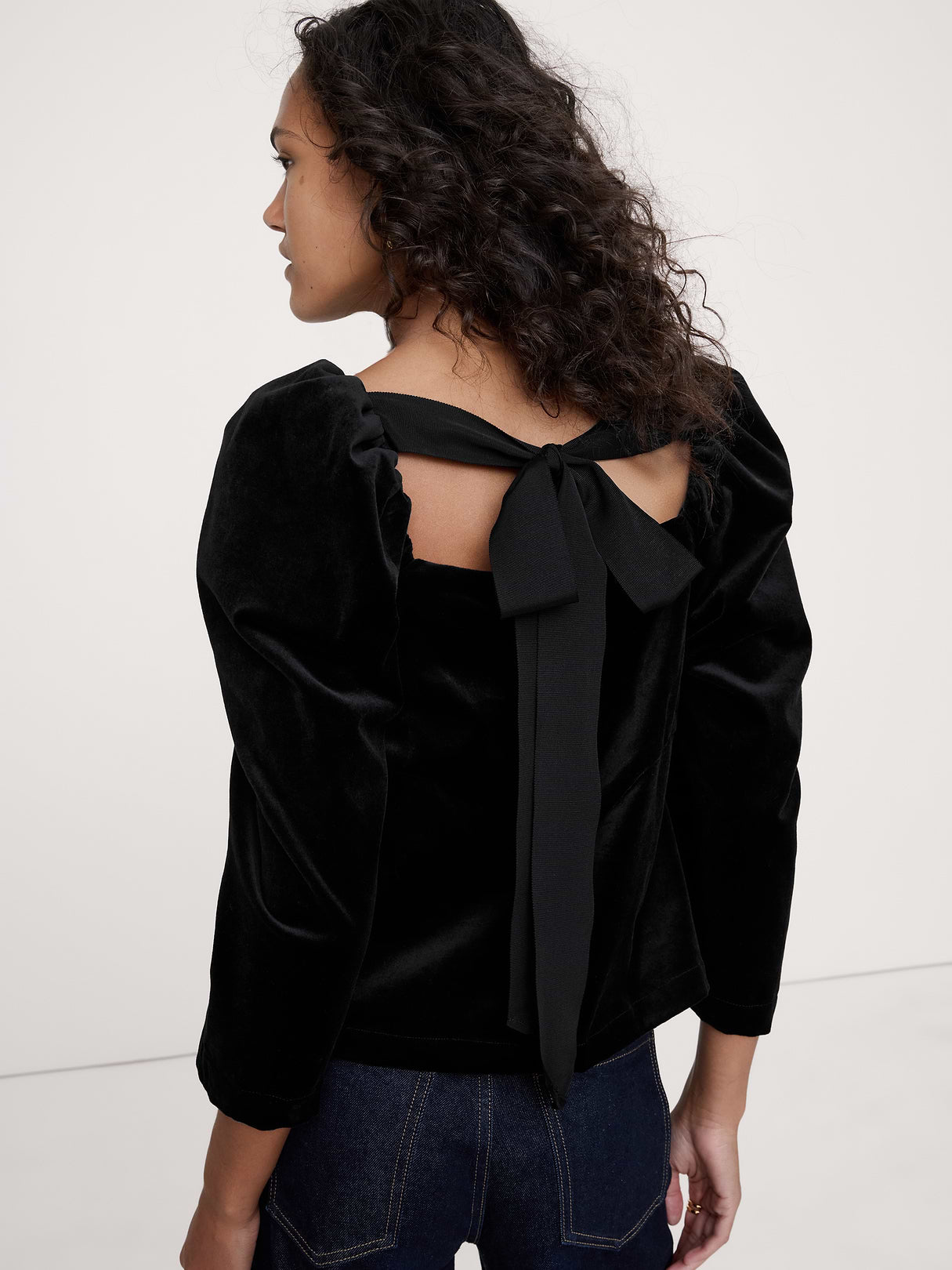 Cotton Velvet Puff-Sleeve Top - Black