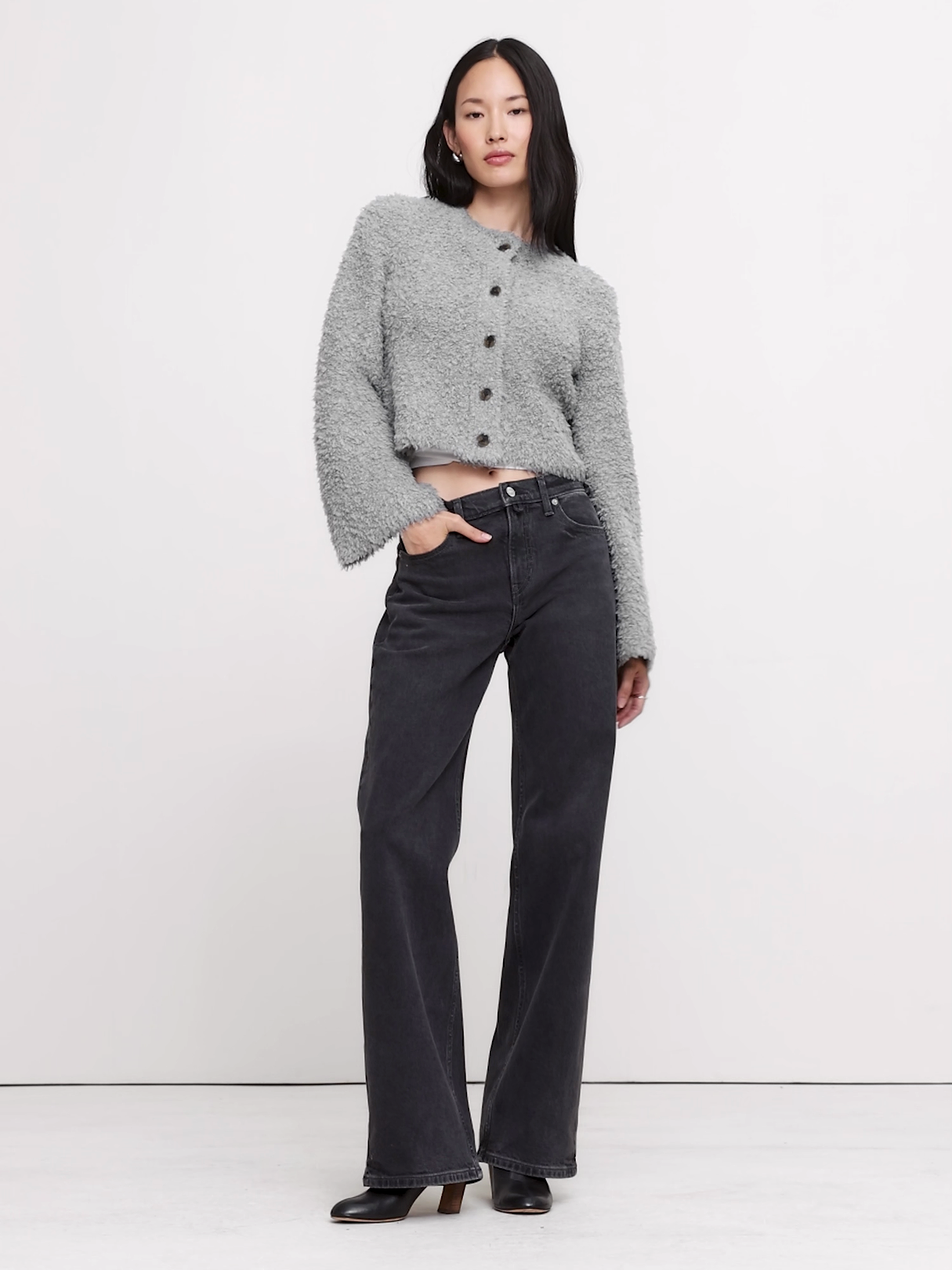 Curly Merino-Blend Cardigan - Charcoal Gray