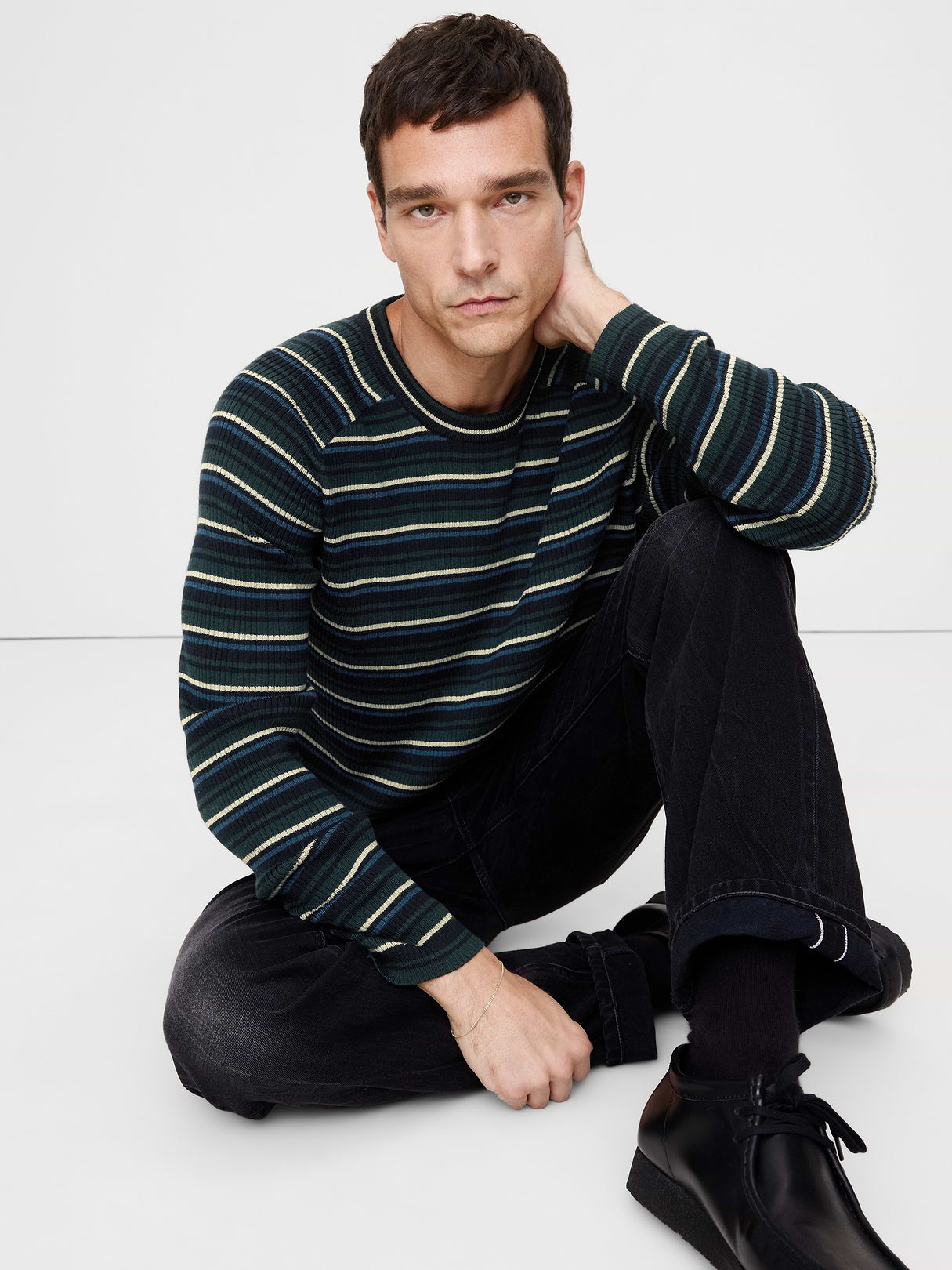 Slim Merino Ribbed Sweater - Green & Navy Blue Stripe