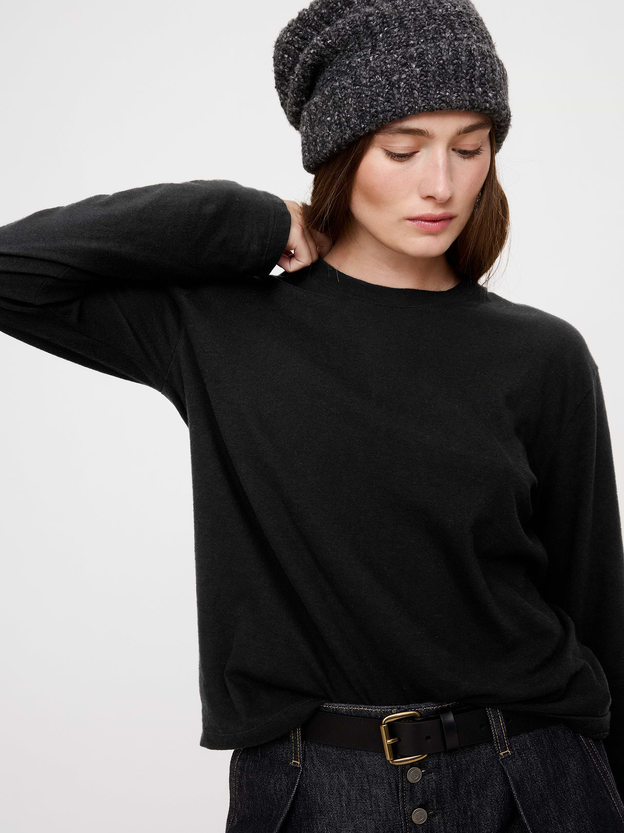 Cotton Slub Long-Sleeve Boyfriend T-Shirt - Black