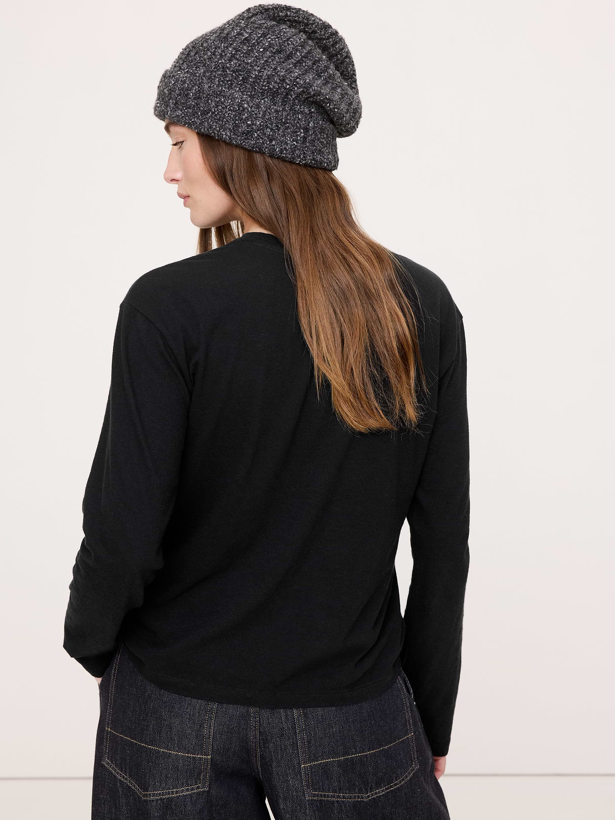 Cotton Slub Long-Sleeve Boyfriend T-Shirt - Black