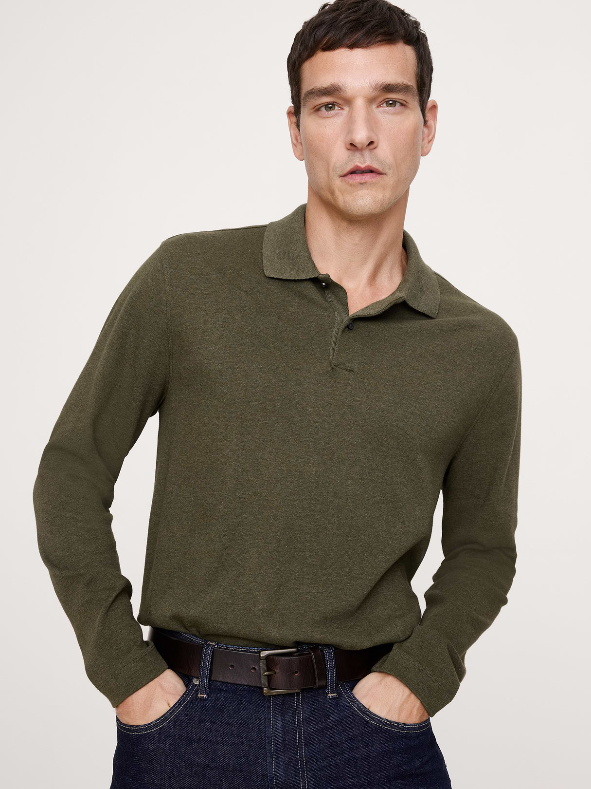 Luxury-Touch Long-Sleeve Polo - Heather Olive Green