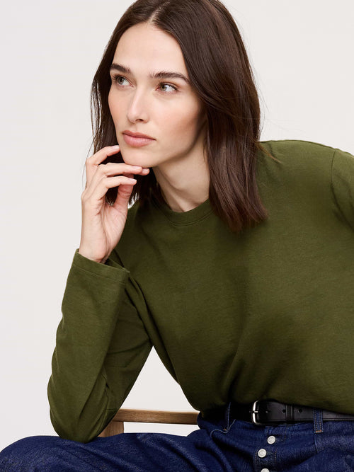 Cotton Slub Long-Sleeve Boyfriend T-Shirt - Mangrove Green