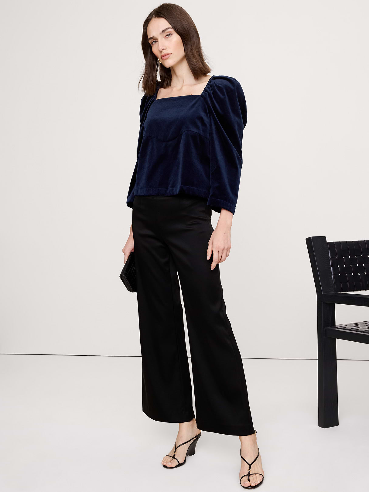Cotton Velvet Puff-Sleeve Top - Midnight Blue