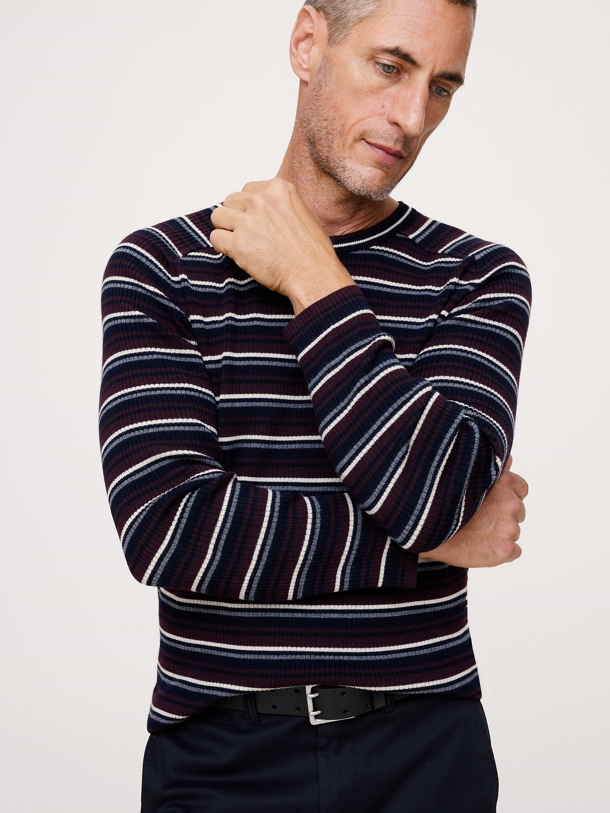 Slim Merino Ribbed Sweater - Navy Blue & Red Stripe