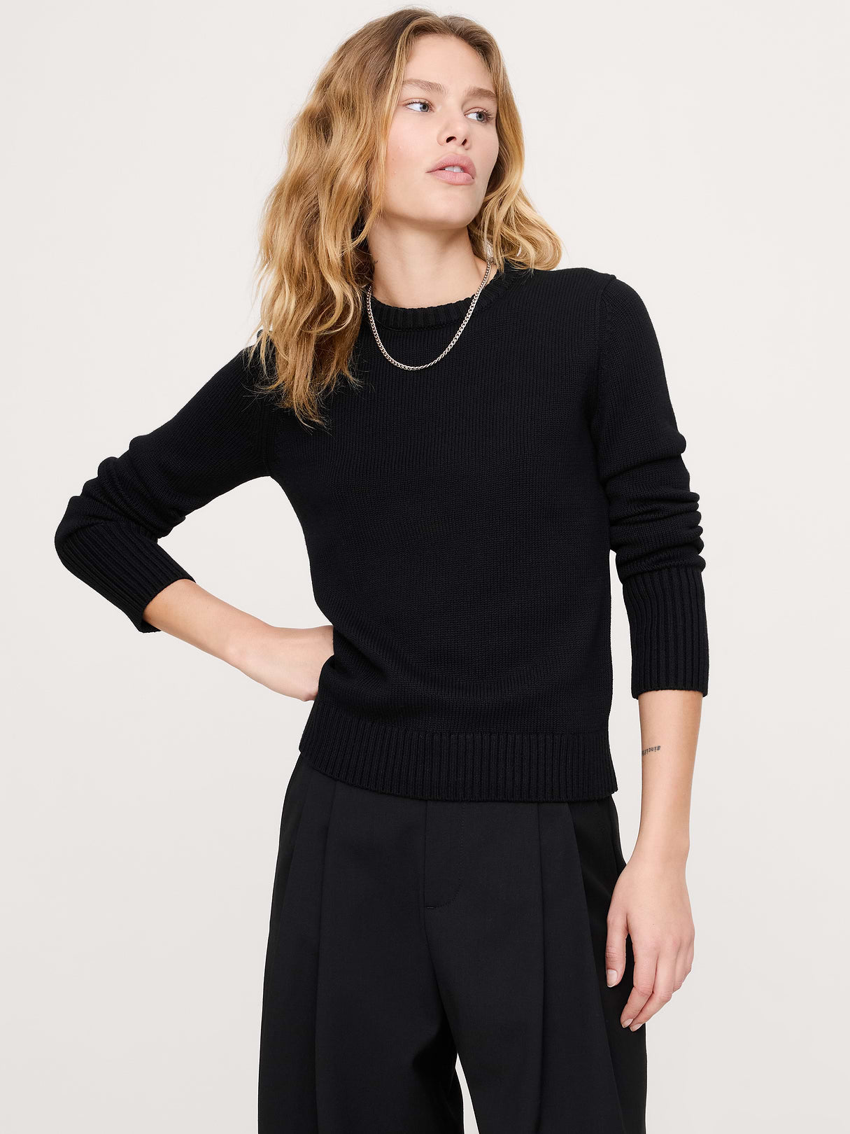 Cotton-Silk Crew-Neck Sweater - Black