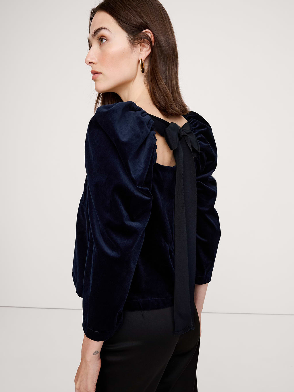 Cotton Velvet Puff-Sleeve Top - Midnight Blue