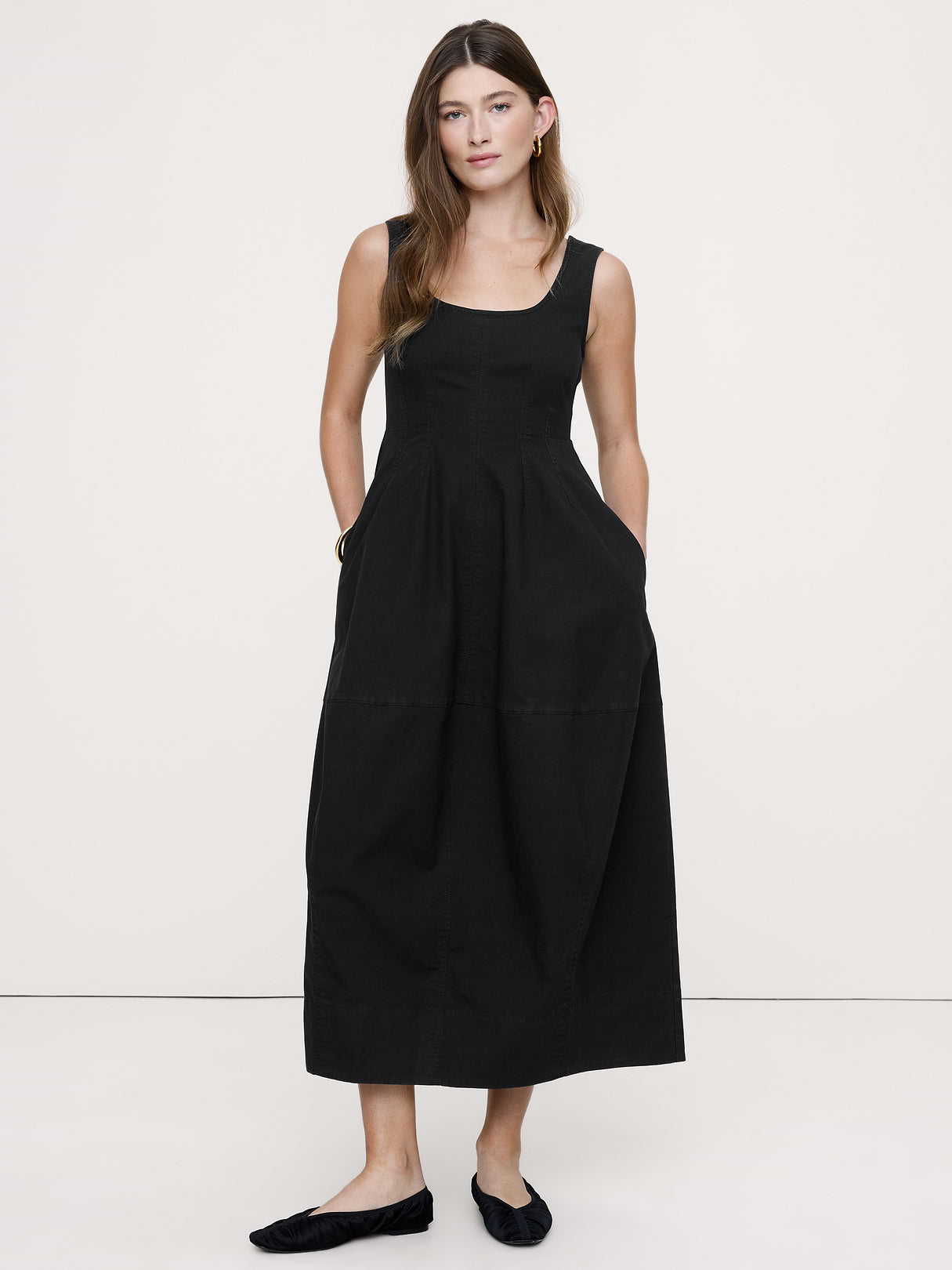 Stretch-Cotton Barrel Midi Dress - Washed Black