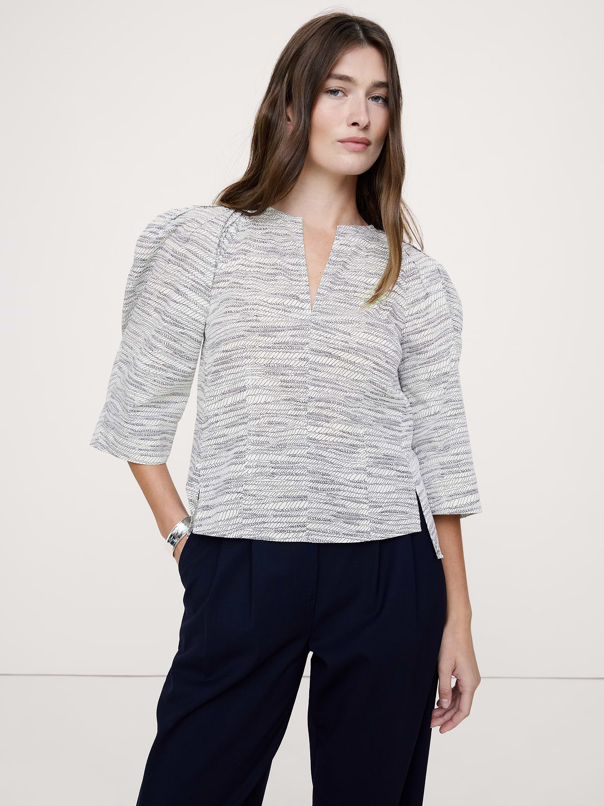 Stretch-Cotton Volume-Sleeve Top - Mini Ivory Rope Print