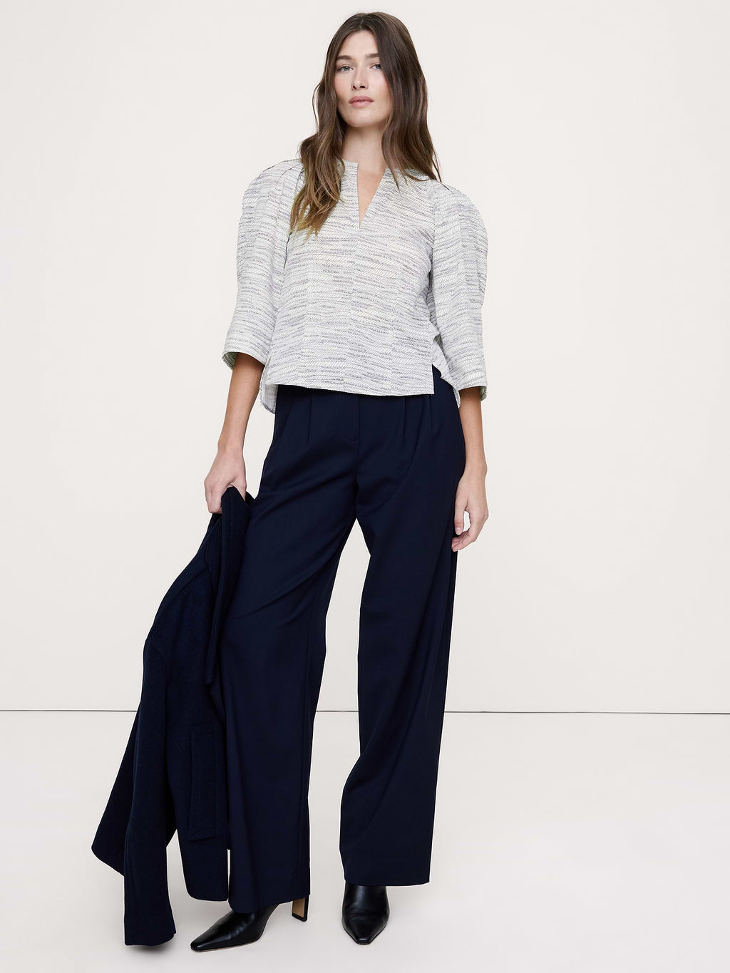Stretch-Cotton Volume-Sleeve Top - Mini Ivory Rope Print