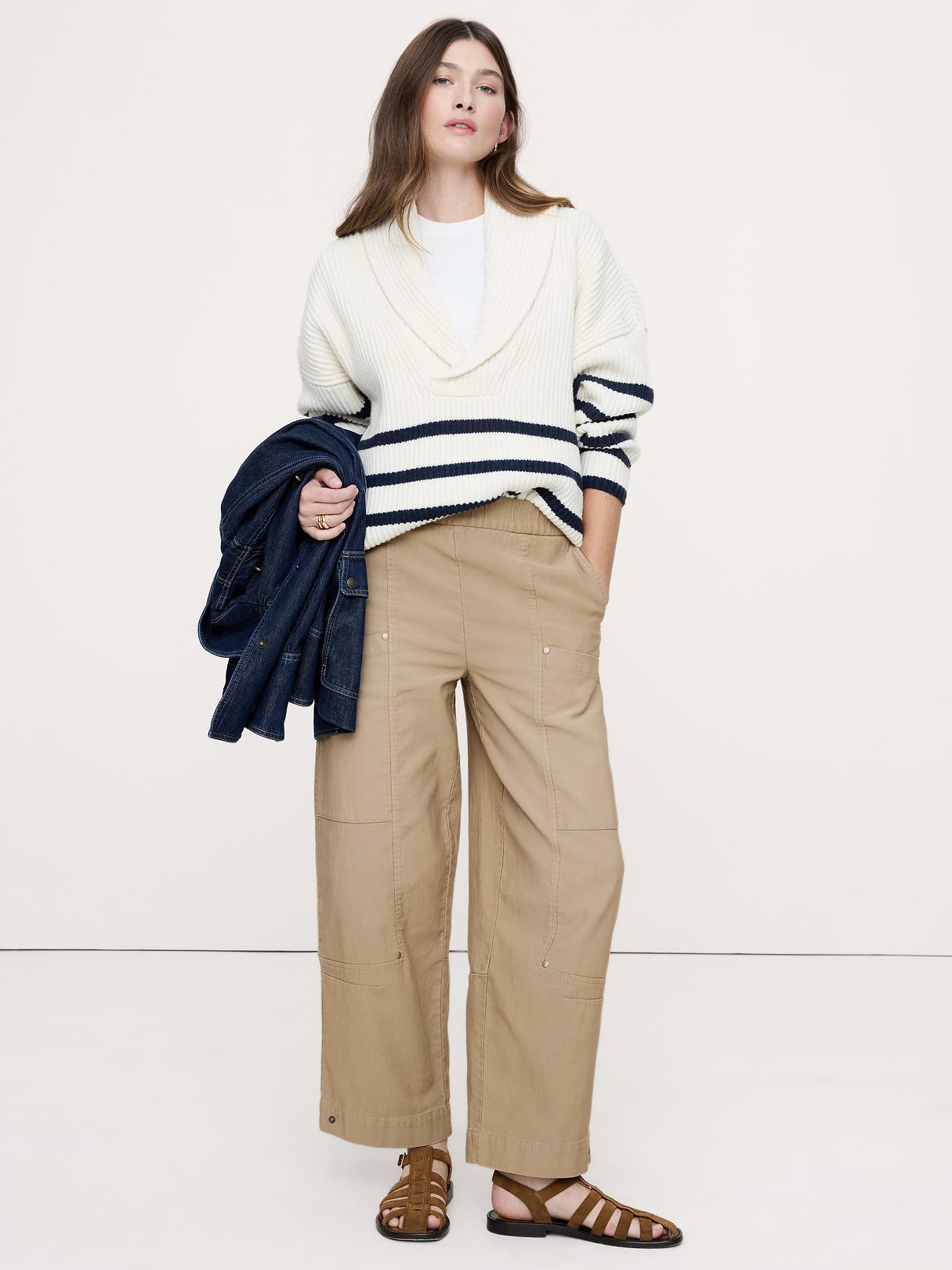 Wide-Leg Textured Twill Pull-On Pant - Sand Beige