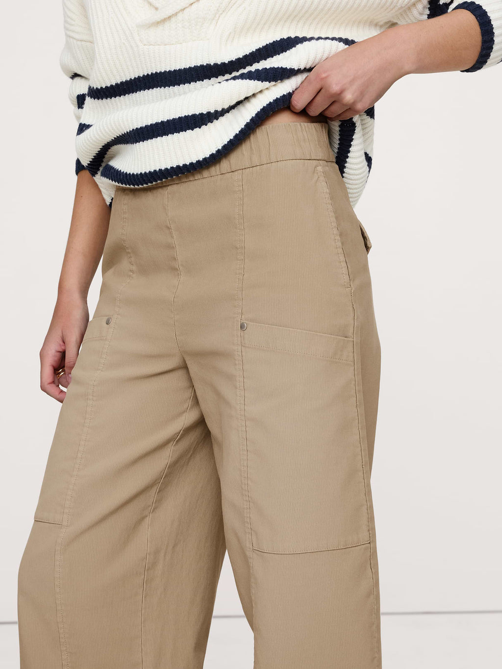 Wide-Leg Textured Twill Pull-On Pant - Sand Beige