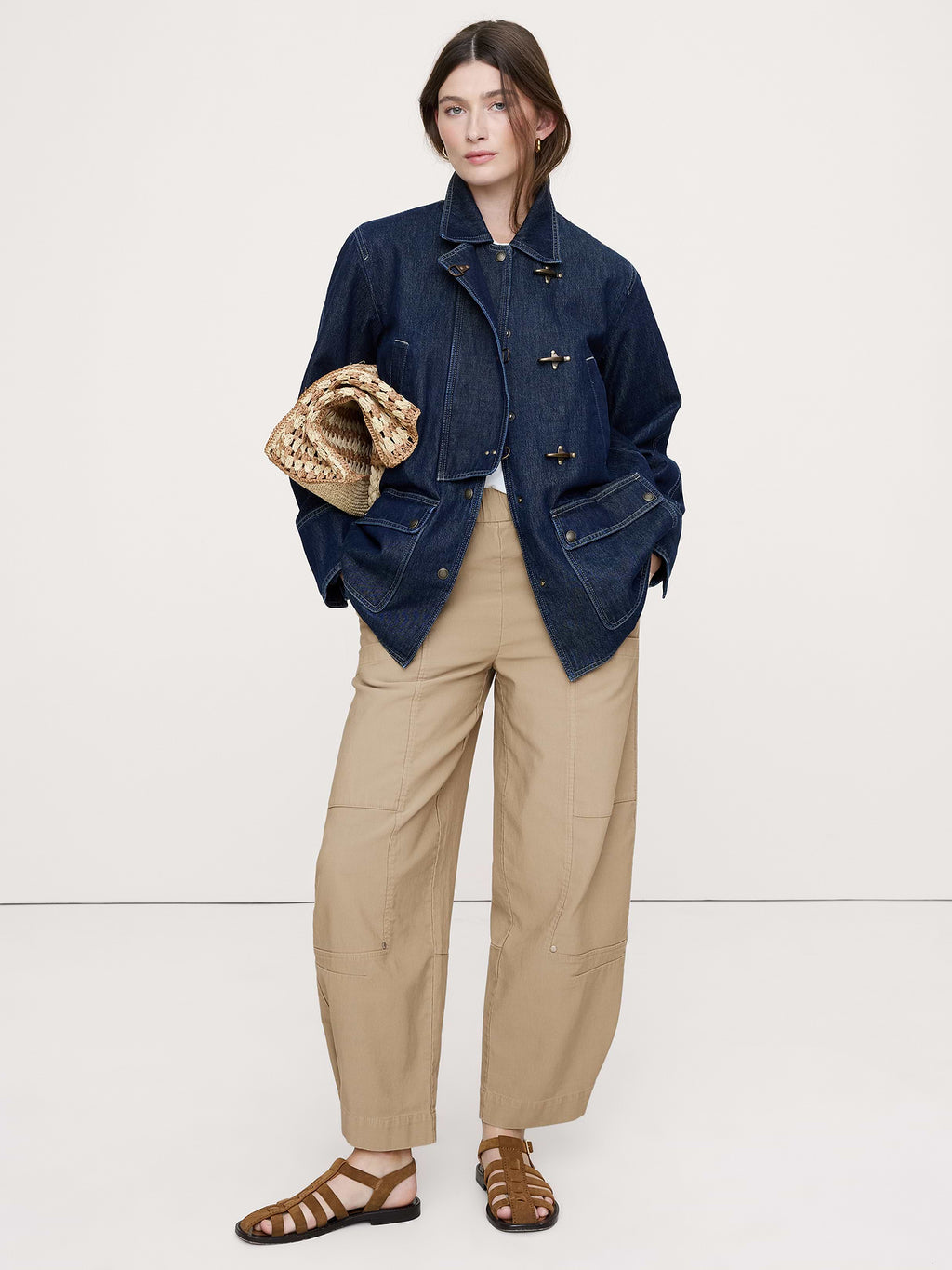 Wide-Leg Textured Twill Pull-On Pant - Sand Beige