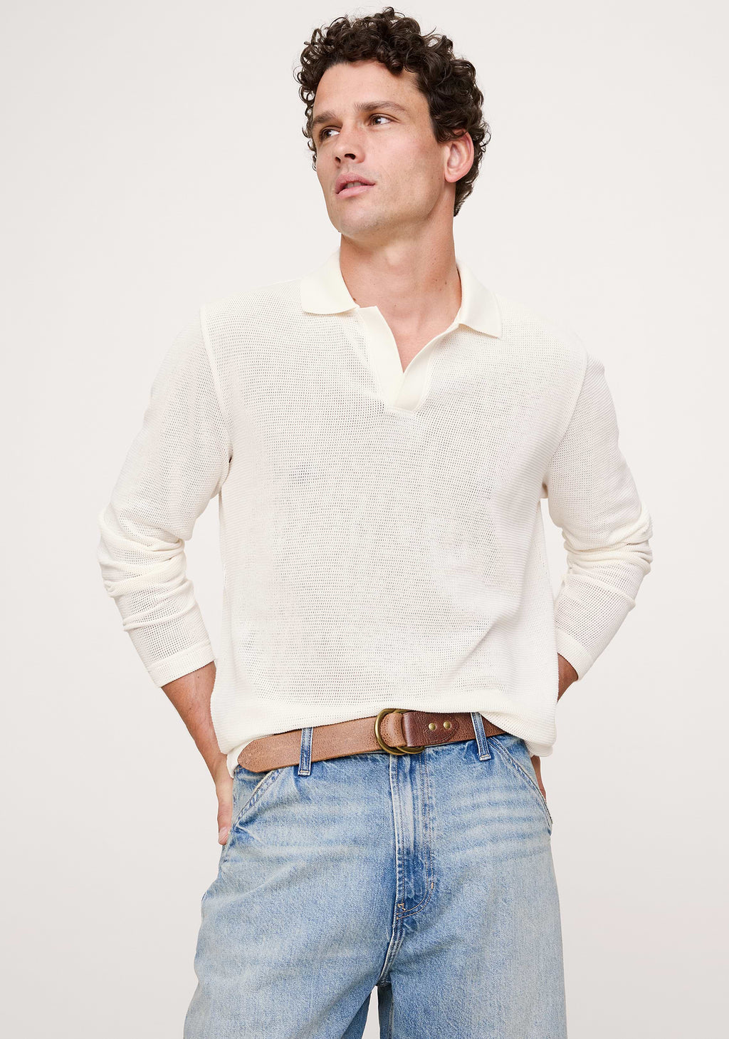 Cotton Mesh Long-Sleeve Polo - White