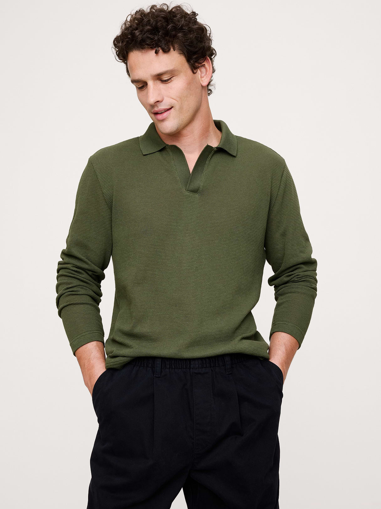 Cotton Mesh Long-Sleeve Polo - Hidden Forest Green