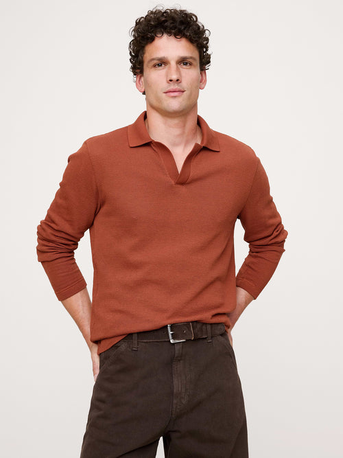 Cotton Mesh Long-Sleeve Polo - Red Paprika