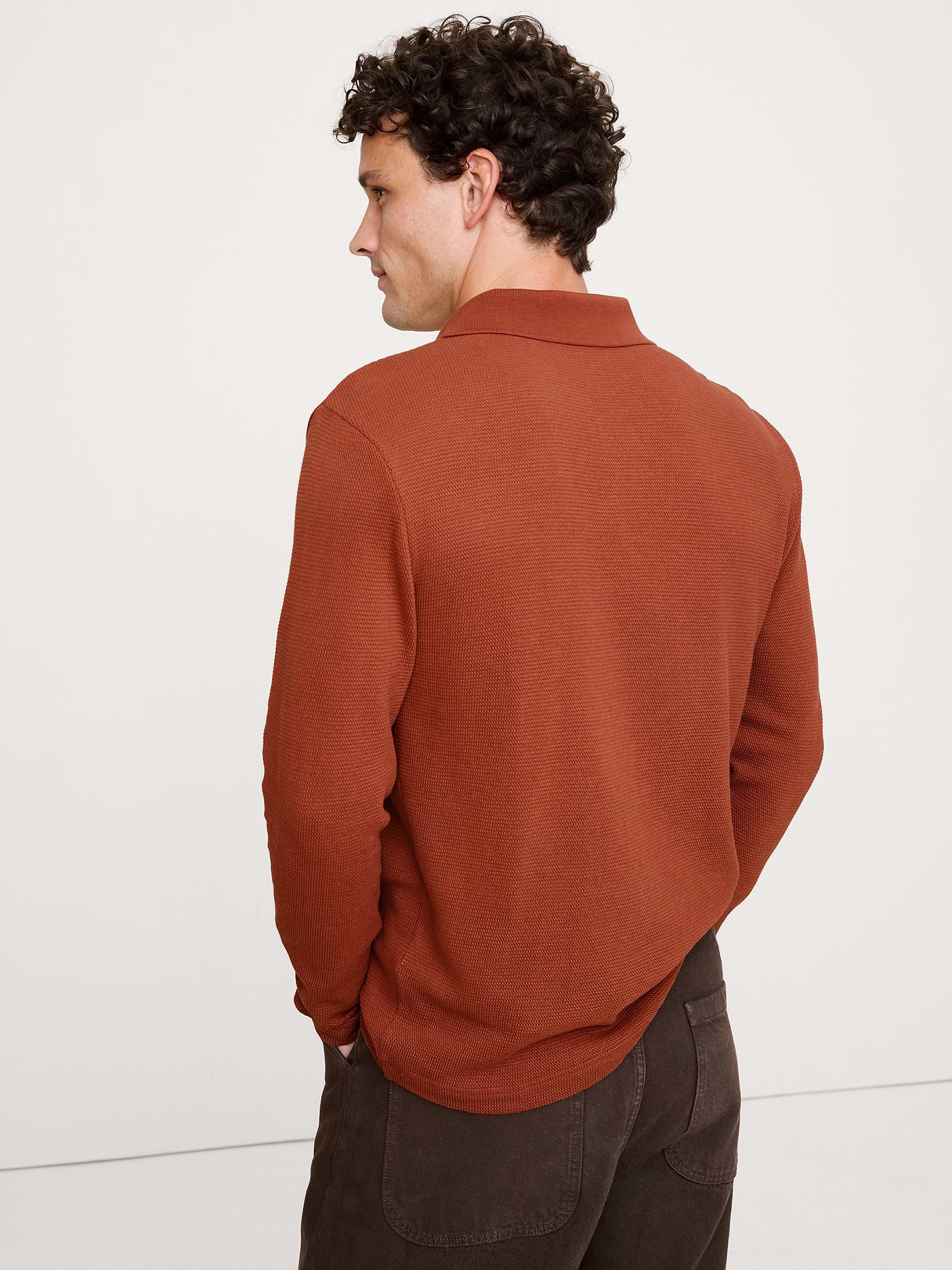 Cotton Mesh Long-Sleeve Polo - Red Paprika