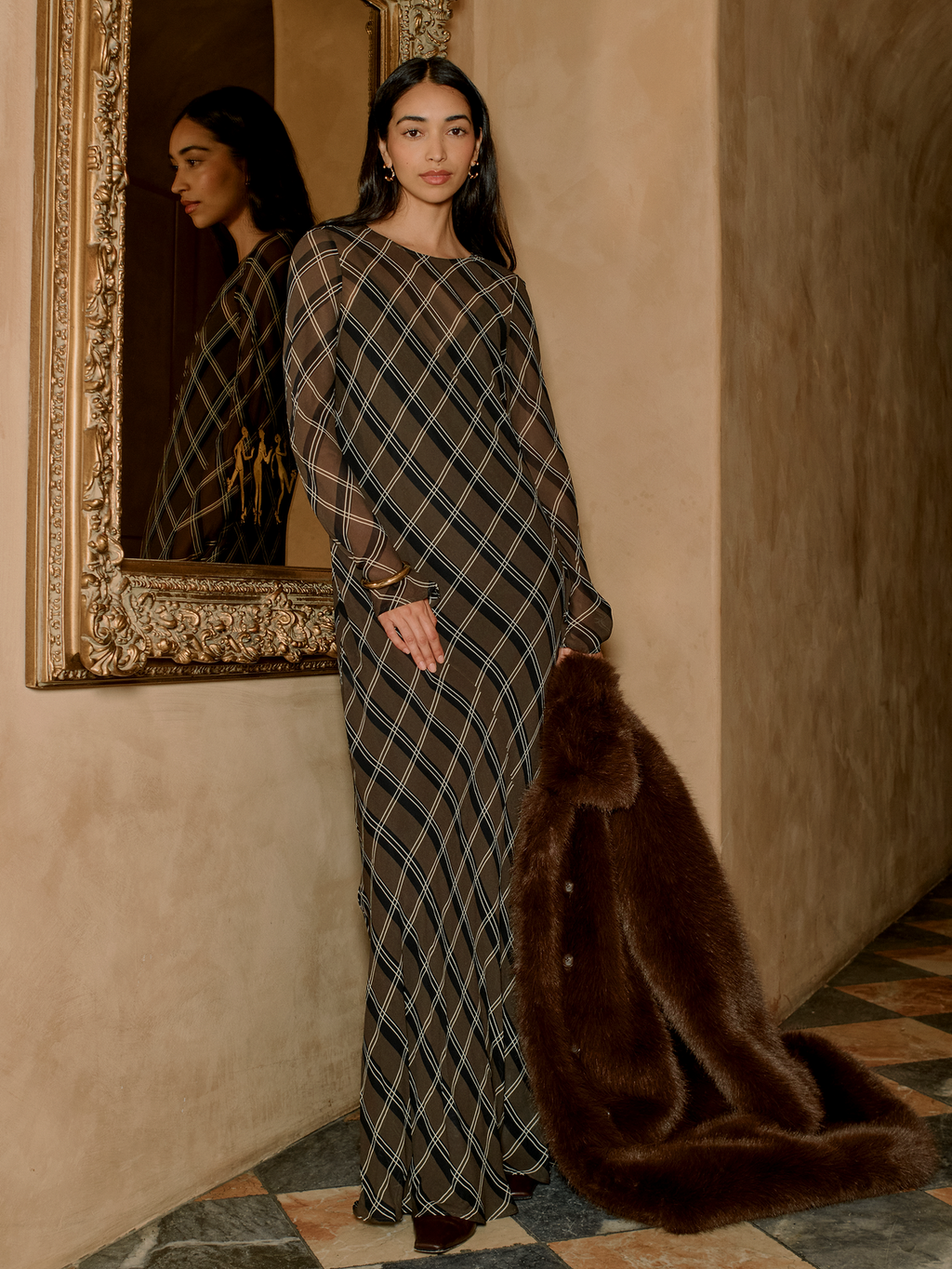 Bias-Cut Chiffon Maxi Dress - Brown Plaid
