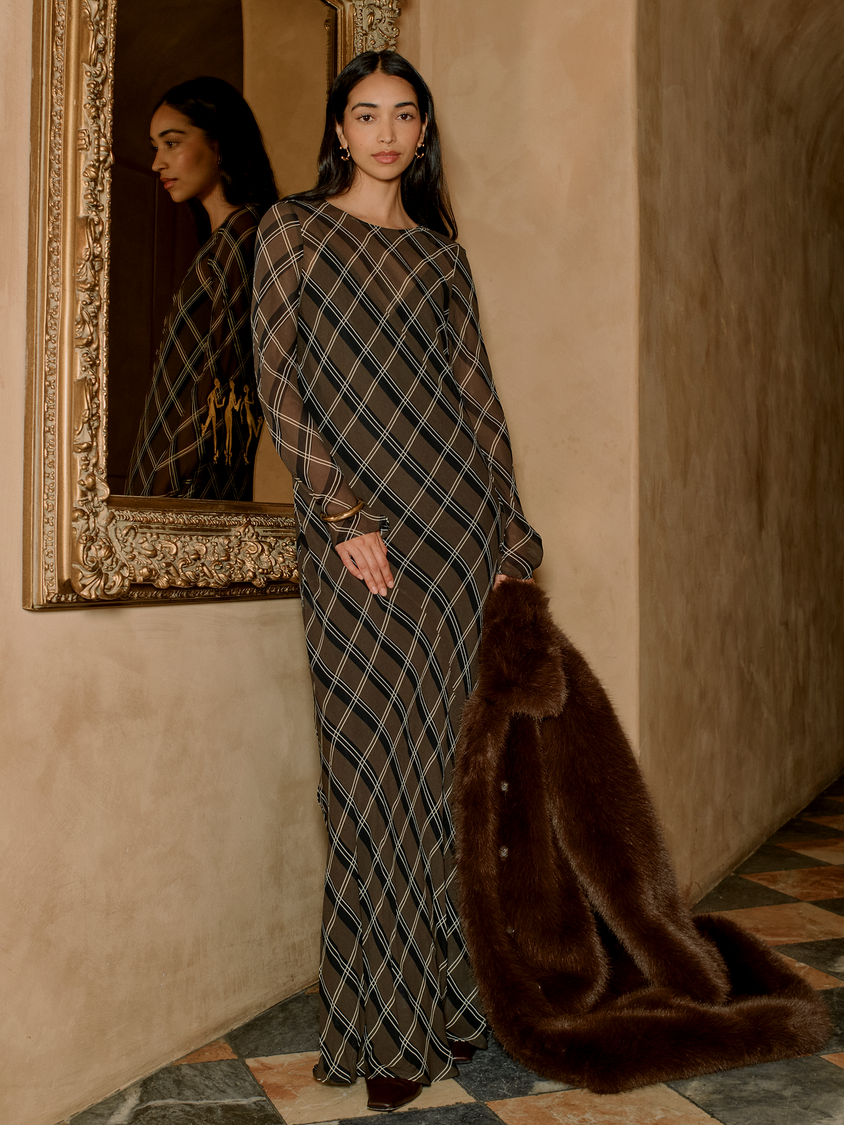 Bias-Cut Chiffon Maxi Dress - Brown Plaid