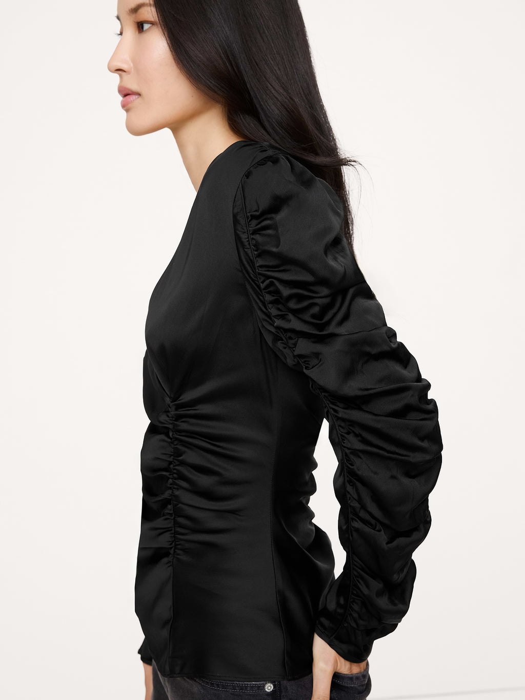 Stretch-Satin Ruched Top - Black