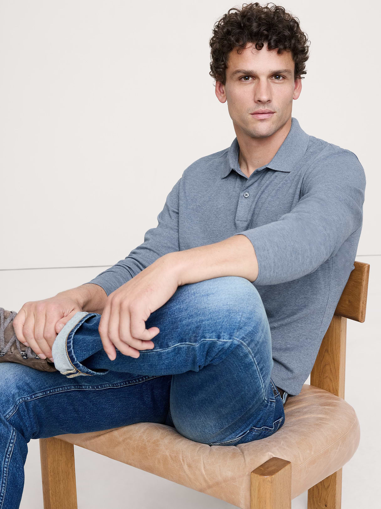 Luxury-Touch Long-Sleeve Polo - Atmosphere Blue