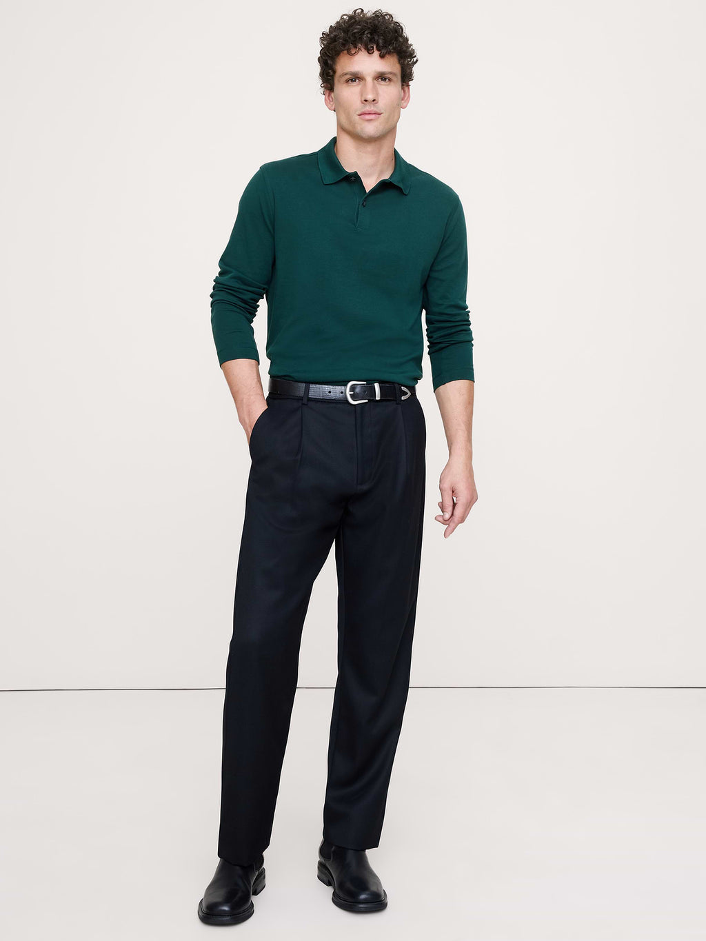 Luxury-Touch Long-Sleeve Polo - Storm Slate Green