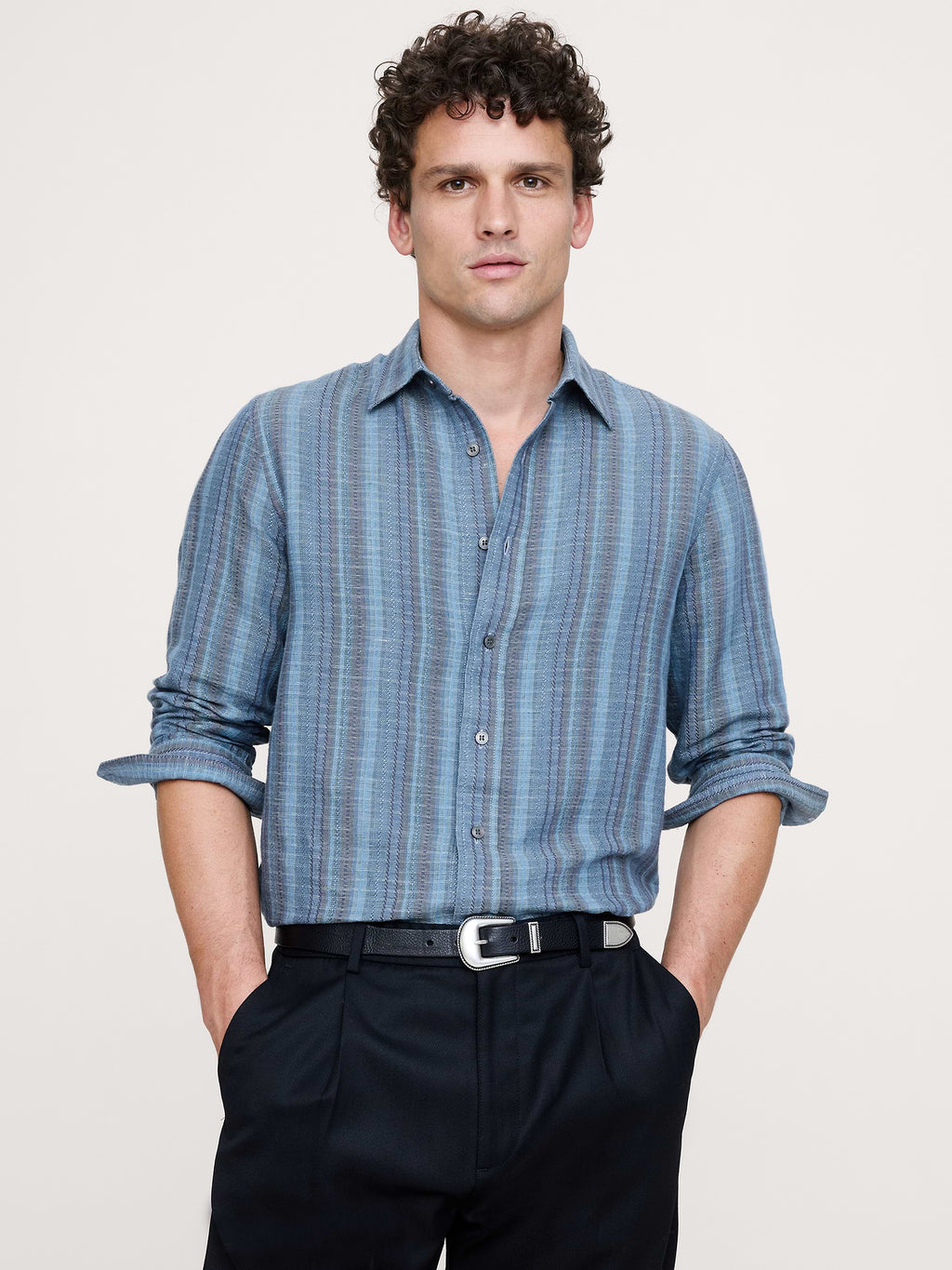 Standard-Fit Linen-Cotton Shirt - Teal