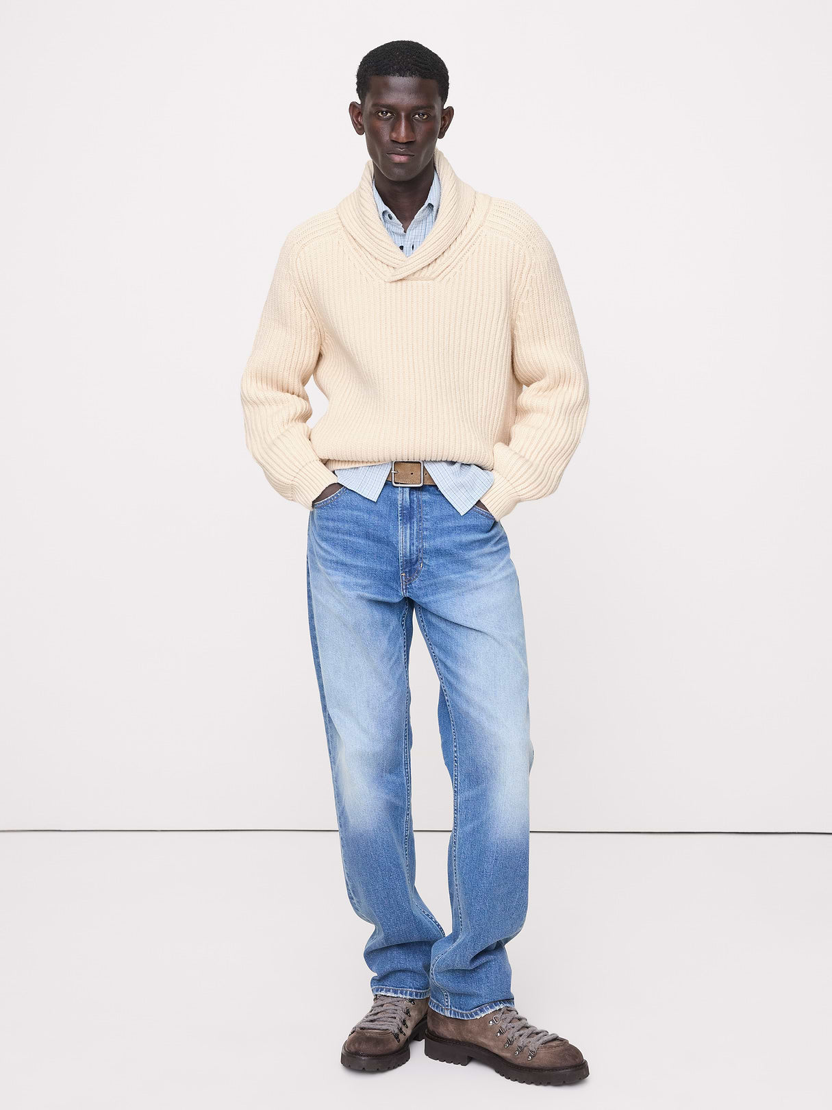Ribbed Shawl-Collar Sweater - Ivory