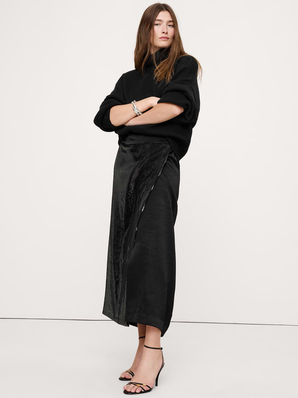 Ponte & Sequin Wrap Skirt - Black