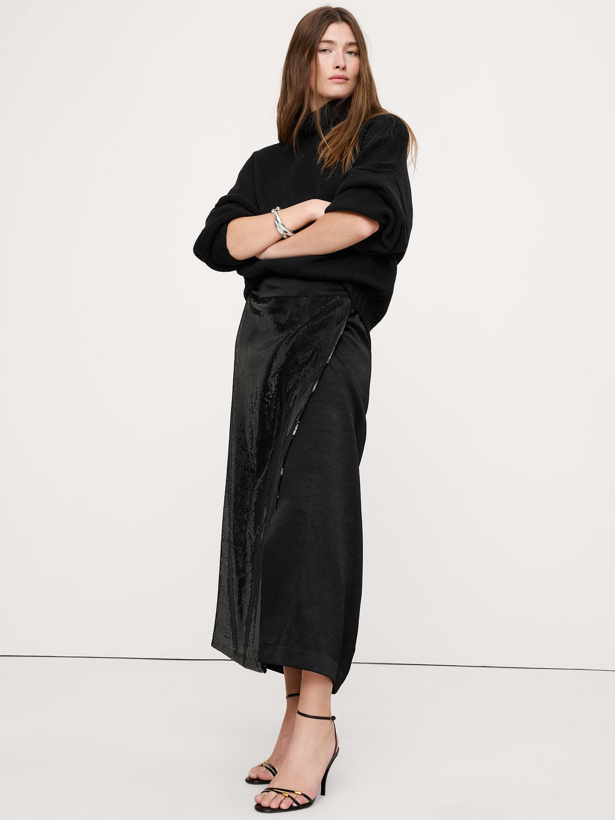 Ponte & Sequin Wrap Skirt - Black