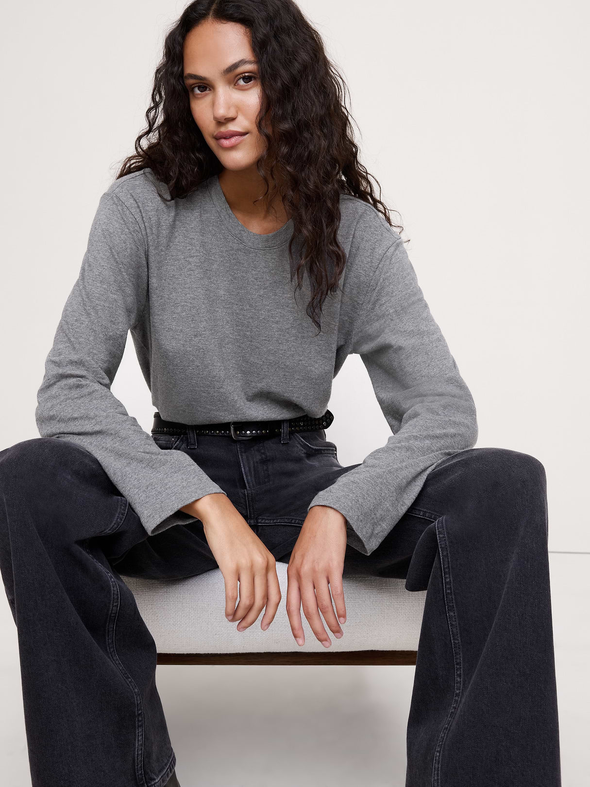 Cotton Slub Long-Sleeve Boyfriend T-Shirt - Medium Heather Gray