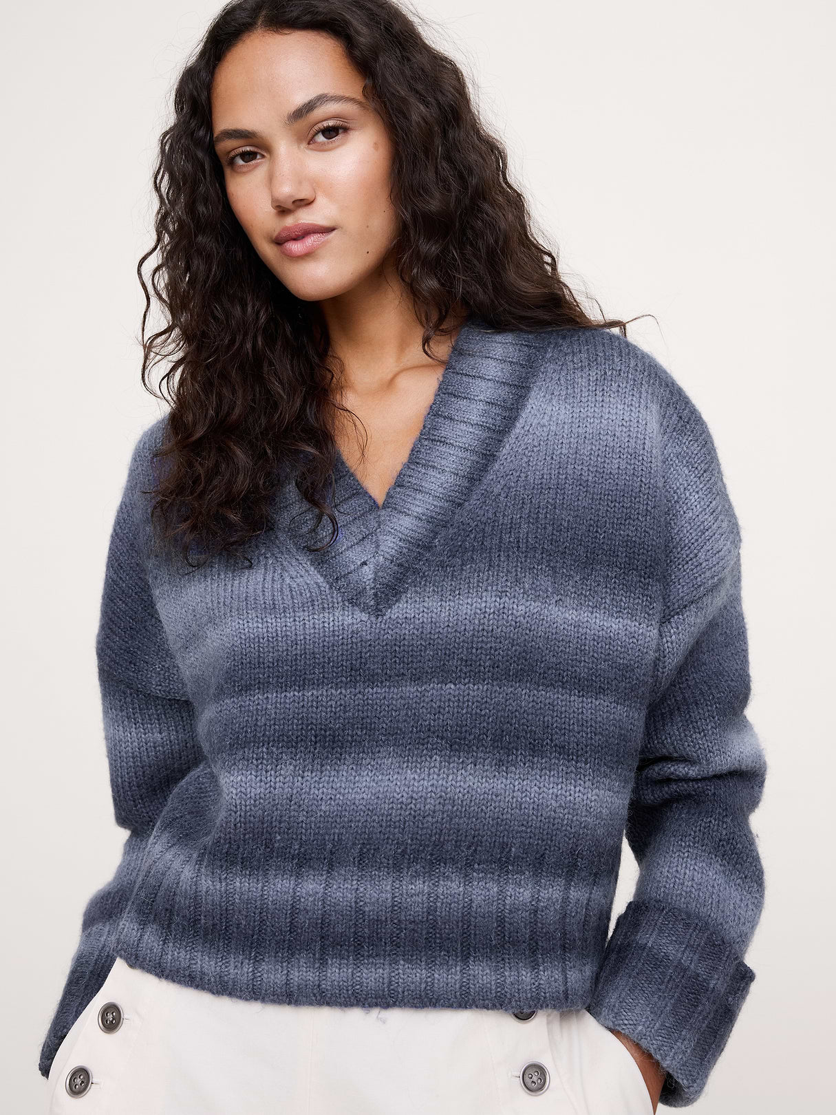 Wool-Alpaca Blend V-Neck Sweater - Blue Multi