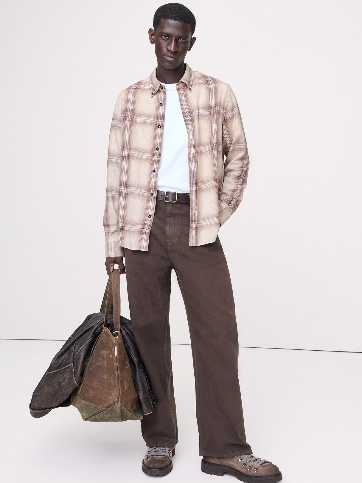 Standard-Fit Lightweight Flannel Shirt - Neutral Plaid