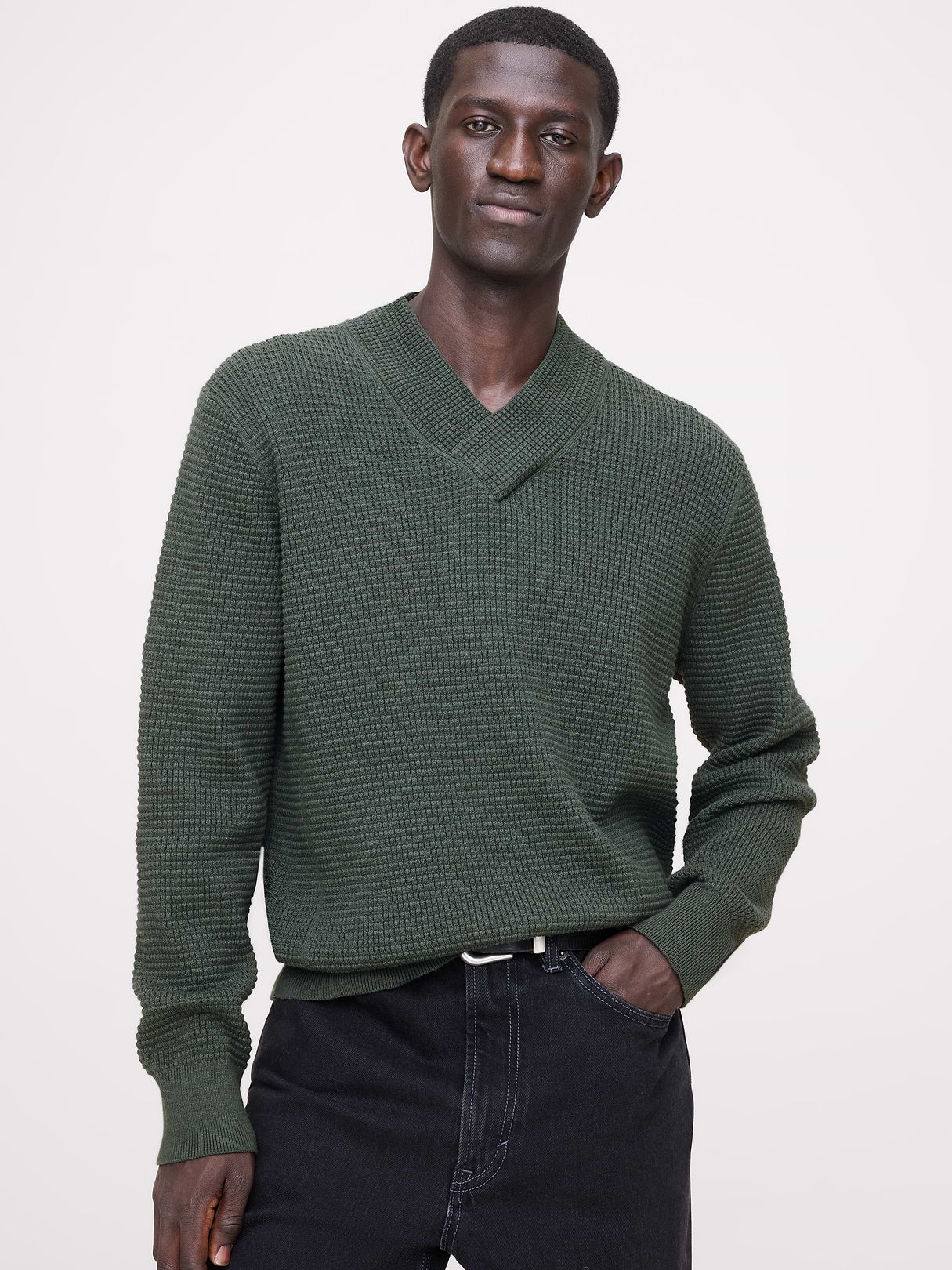 Cotton Thermal-Knit V-Neck Sweater - Yosemite Green